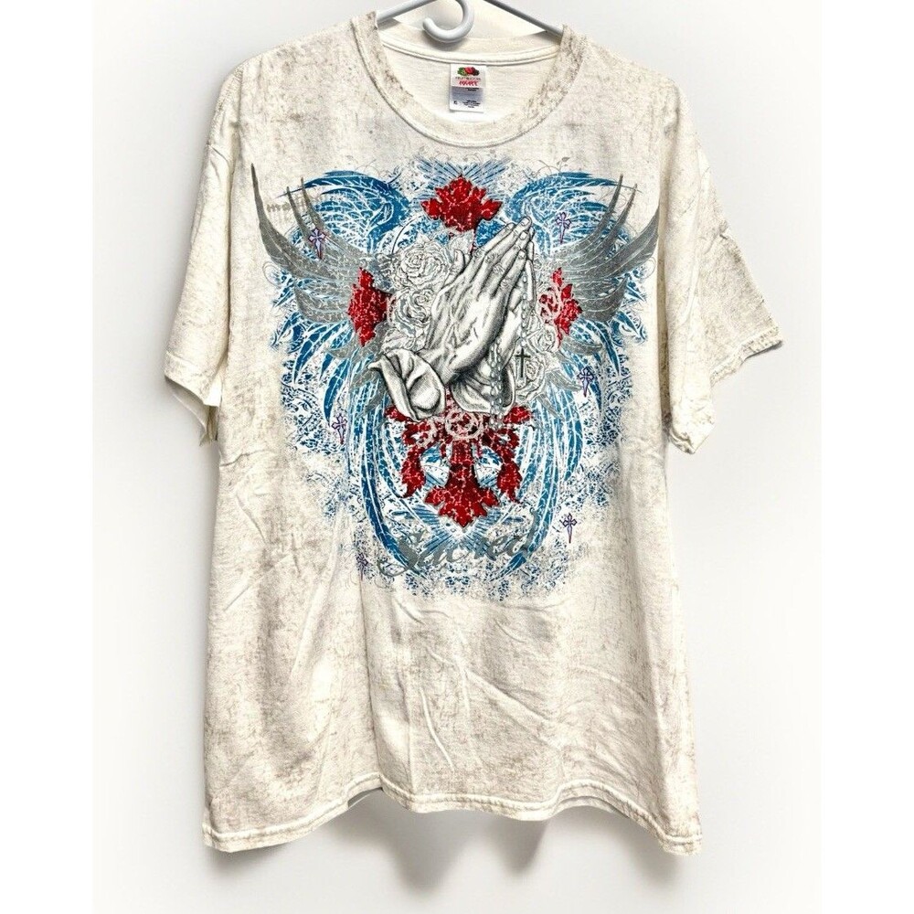 Y2K Grunge Goth Affliction Style Devotion Cross Angel Wings Tee Size XL
